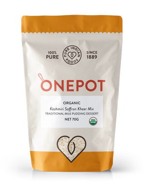 A bag of Pure Indian Foods Kheer Mix - OnePot Kashmiri Saffron and certified organic, a traditional milk pudding dessert