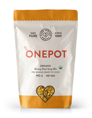 One bag of Pure Indian Foods OnePot organic moong dal soup mix on a white background