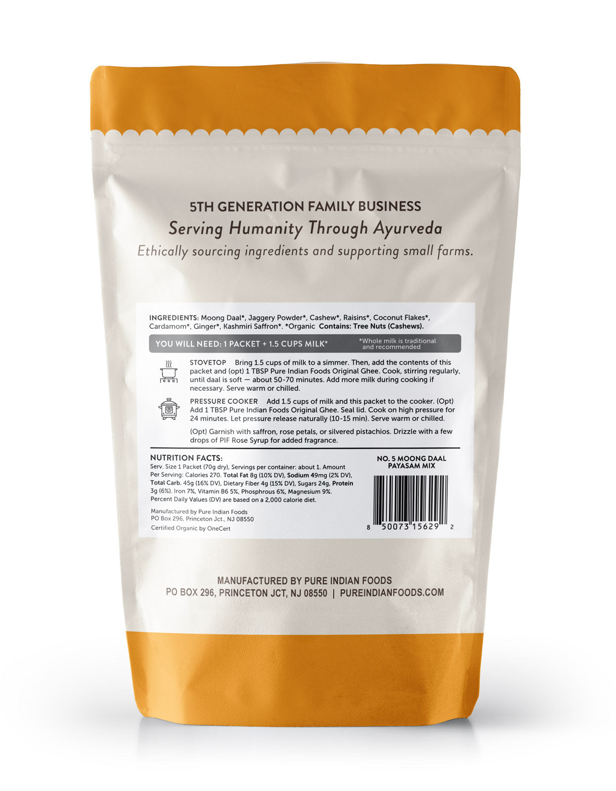 Back view of a package of OnePot Organic Payasam with text and branding on a white background