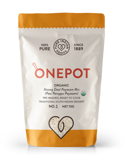 OnePot organic moong dal payasam mix packaging on a white background