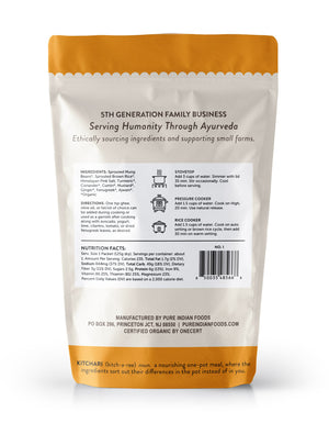 the back label on a bag of onepot organic kitchari from pure Indian foods