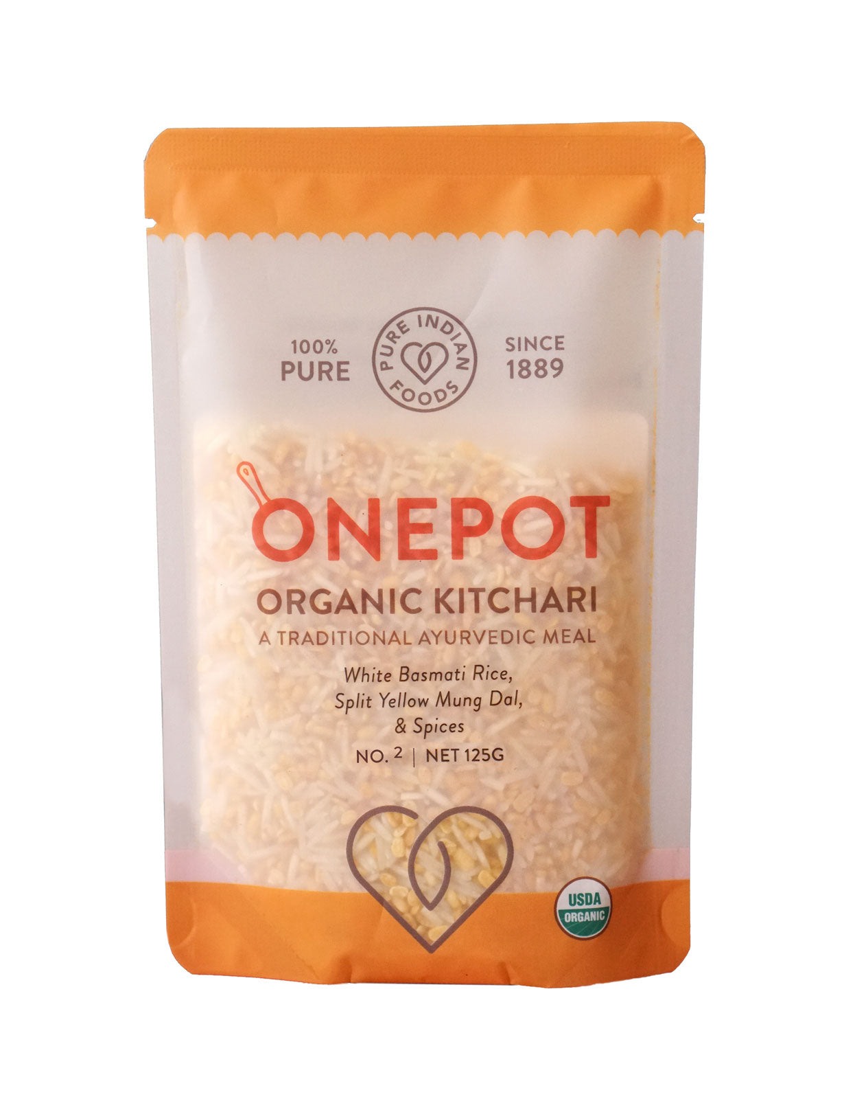 1 bag of Pure Indian Foods one pot meal kit number 2 - a single serving organic kitchari with white basmati rice and split yellow mung dal and spices
