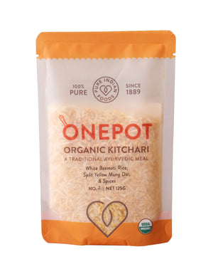 1 bag of Pure Indian Foods one pot meal kit number 2 - a single serving organic kitchari with white basmati rice and split yellow mung dal and spices
