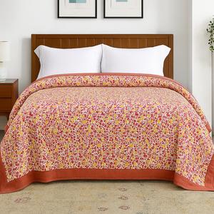 Handmade 100% Cotton Printed Blanket, Red Floral (88"x96"), Limited Edition Print