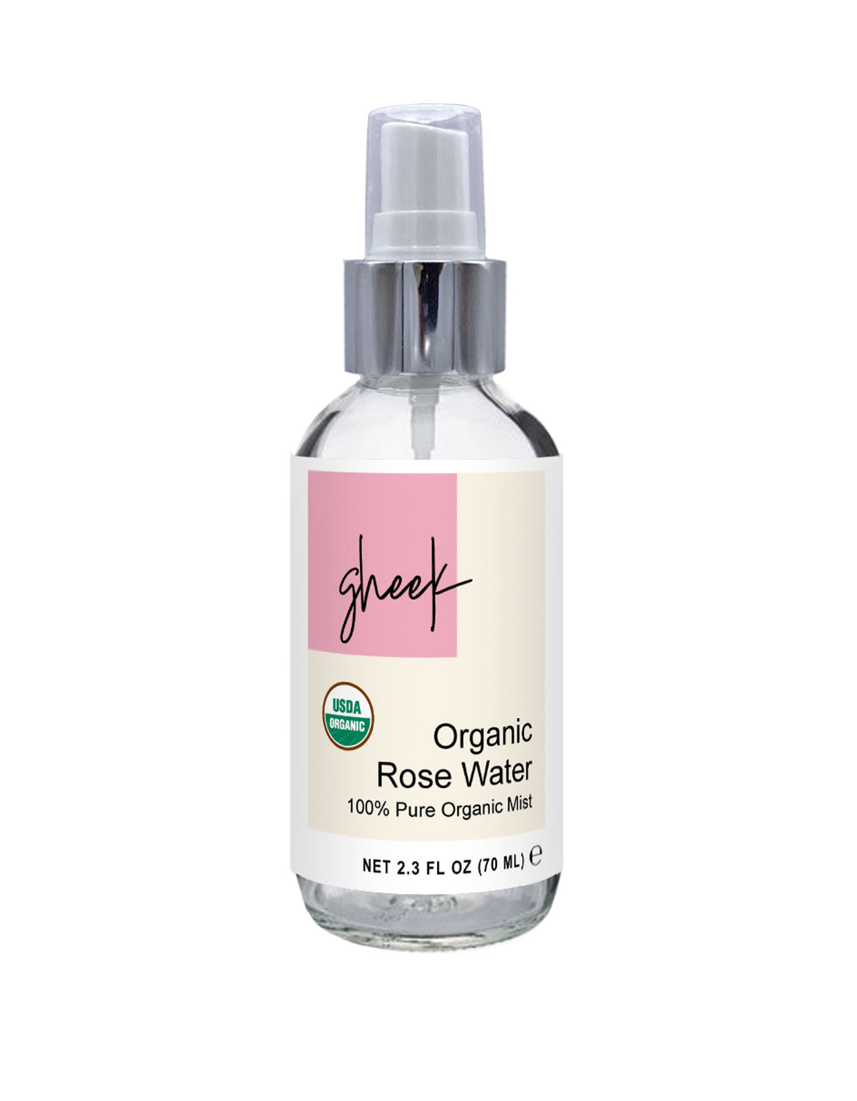 Bottle of Gheek organic rose water mist with a pink label on a white background