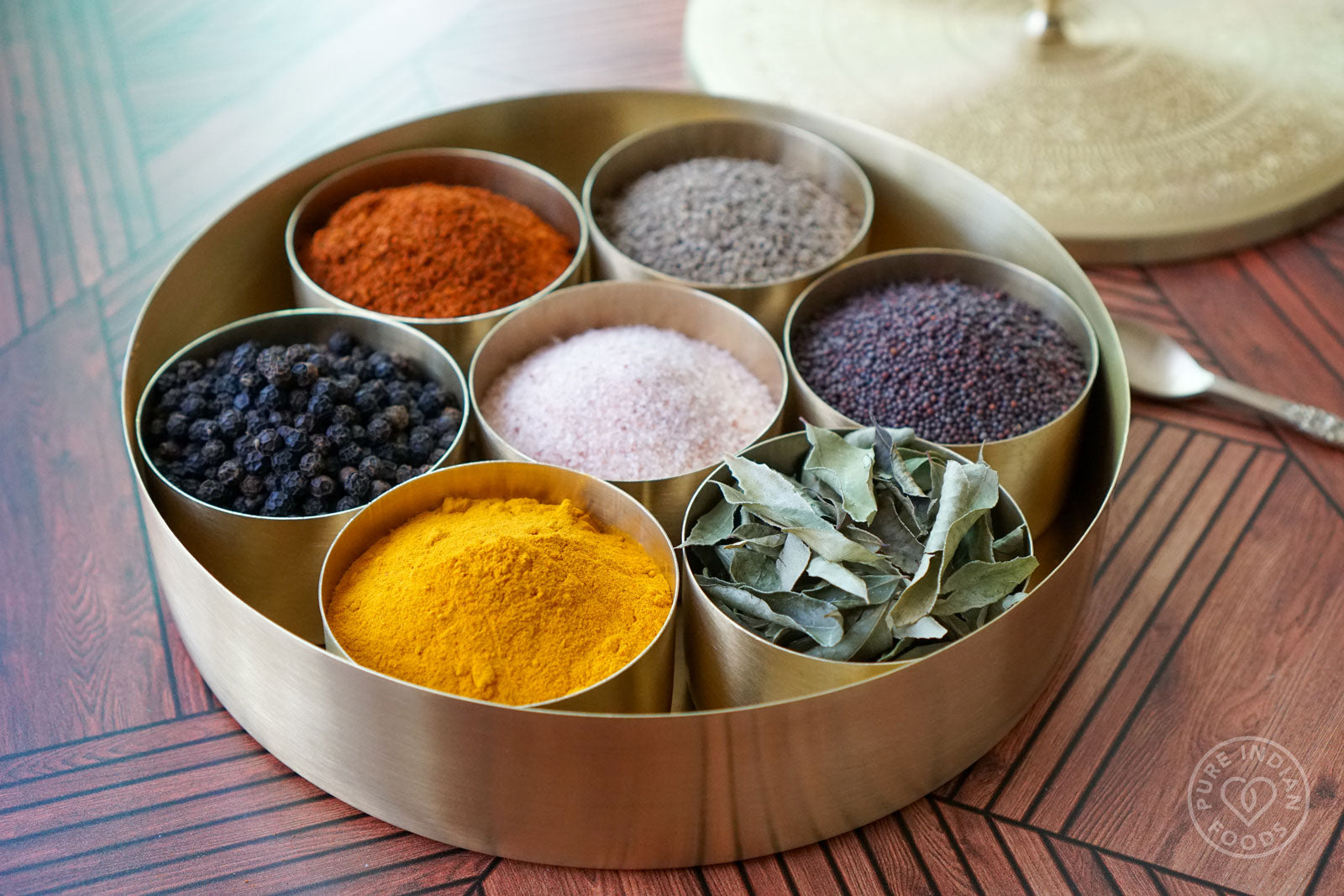 Open Indian Spice Box, showing the beautiful organic spice set inside