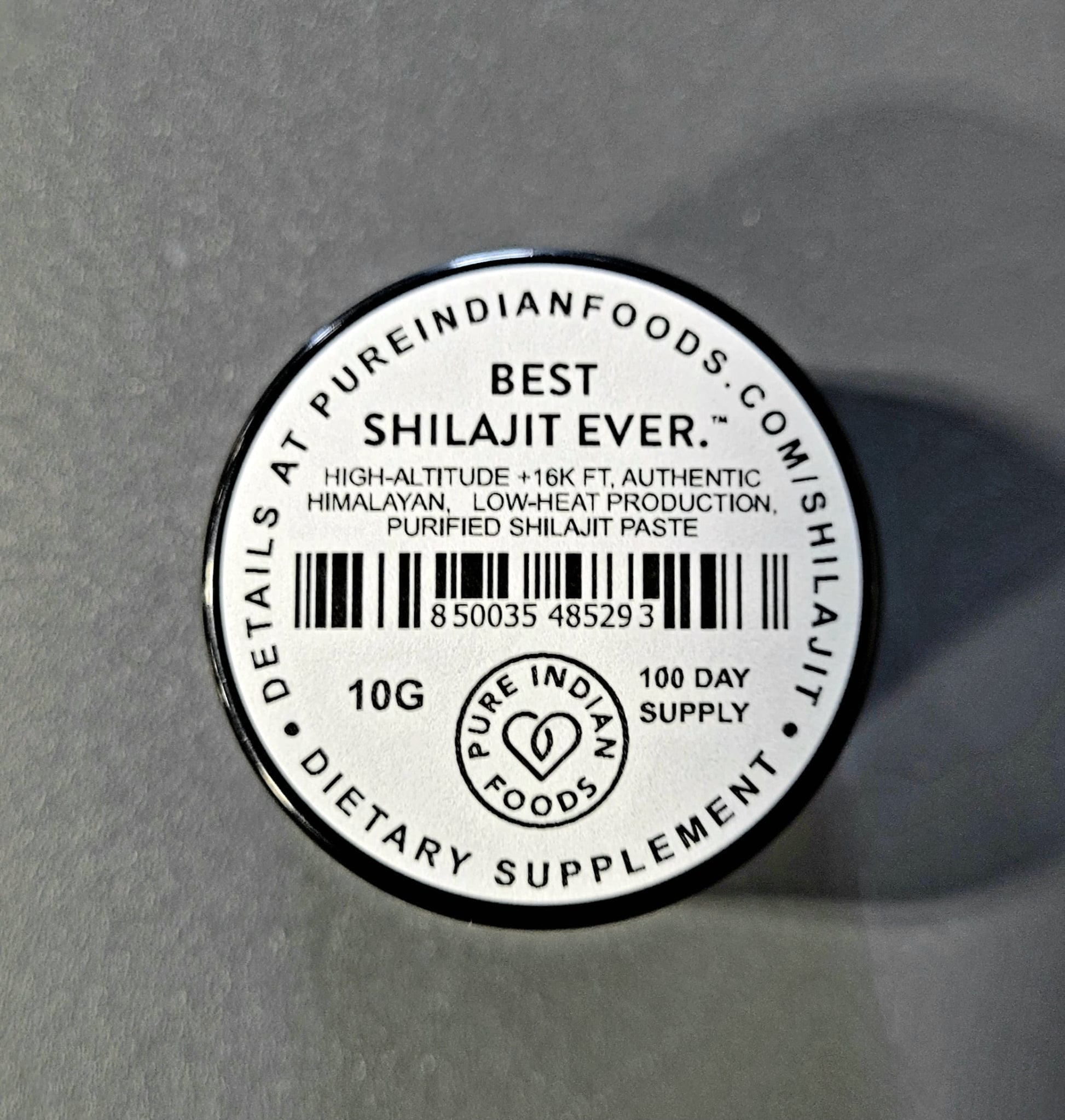 Label of a jar of Pure Indian Foods Best Shilajit Ever. It says it's high-altitude over 16kft, authentic Himalyan shilajit resin, low-heat production, purified shilajit paste, in a 100 day supply