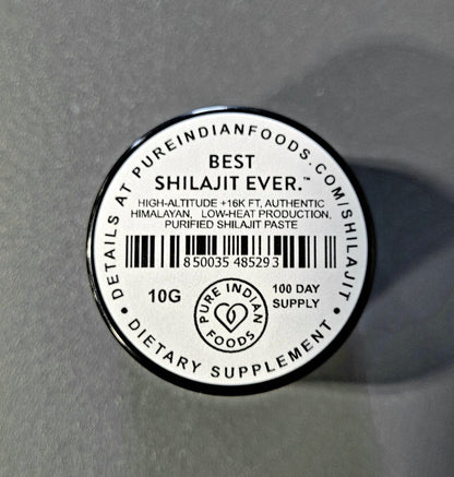 Label of a jar of Pure Indian Foods Best Shilajit Ever. It says it's high-altitude over 16kft, authentic Himalyan shilajit resin, low-heat production, purified shilajit paste, in a 100 day supply