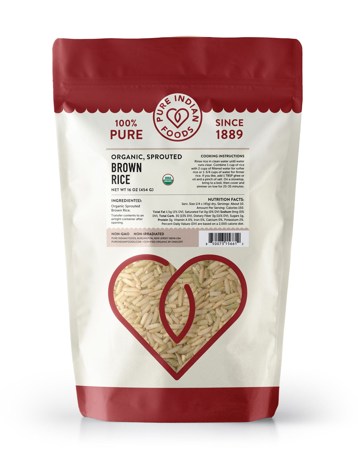 Bag of Pure Indian Foods organic sprouted brown rice on a white background