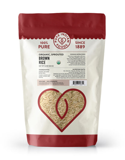 Bag of Pure Indian Foods organic sprouted brown rice on a white background