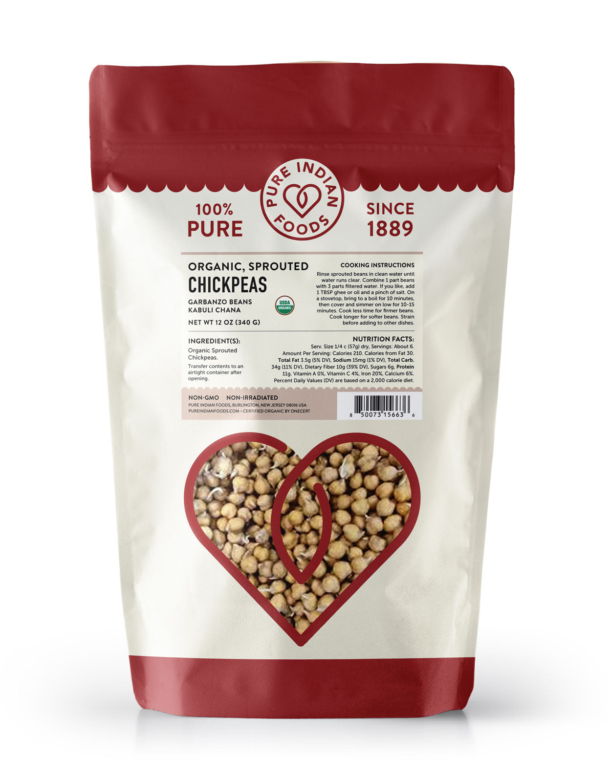 Bag of organic sprouted chickpeas with Pure Indian Foods branding on a white background