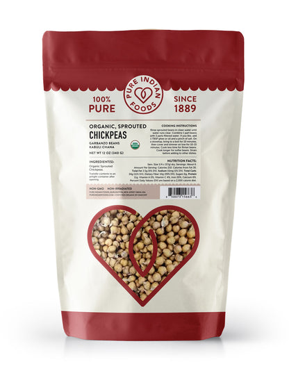 Bag of organic sprouted chickpeas with Pure Indian Foods branding on a white background