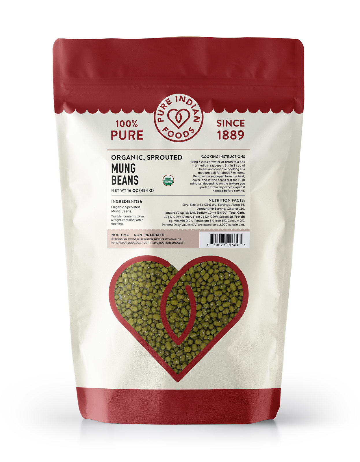 Bag of organic sprouted mung beans with Pure Indian Foods branding on a white background