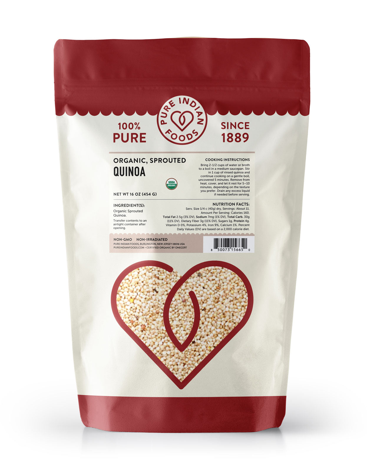 Bag of Pure Indian Foods organic sprouted quinoa on a white background
