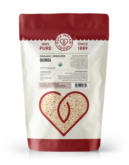 Bag of Pure Indian Foods organic sprouted quinoa on a white background