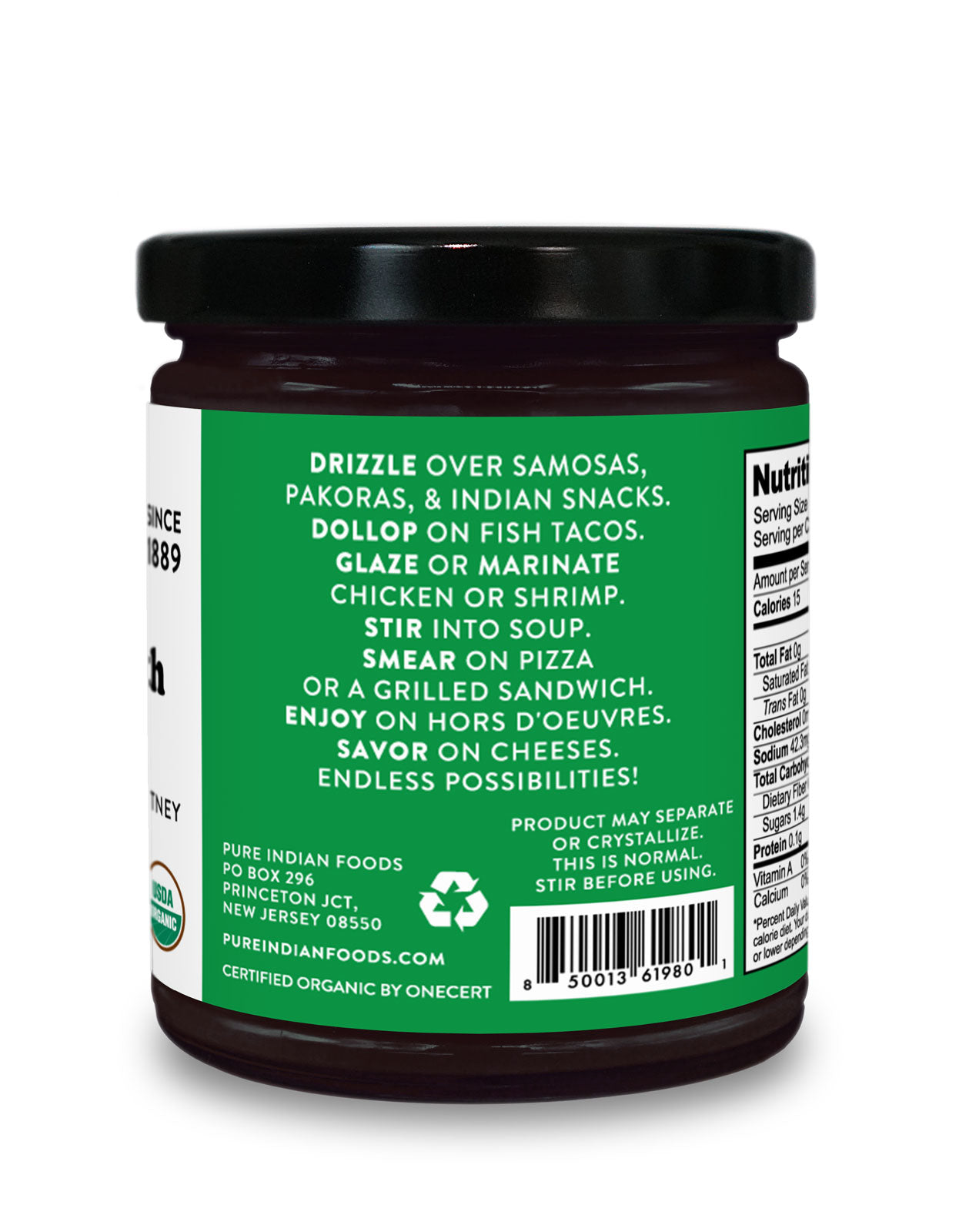 Side label on a jar of our tamarind date chutney, an organic chutney from Pure Indian Foods, listing ways to use the condiment.
