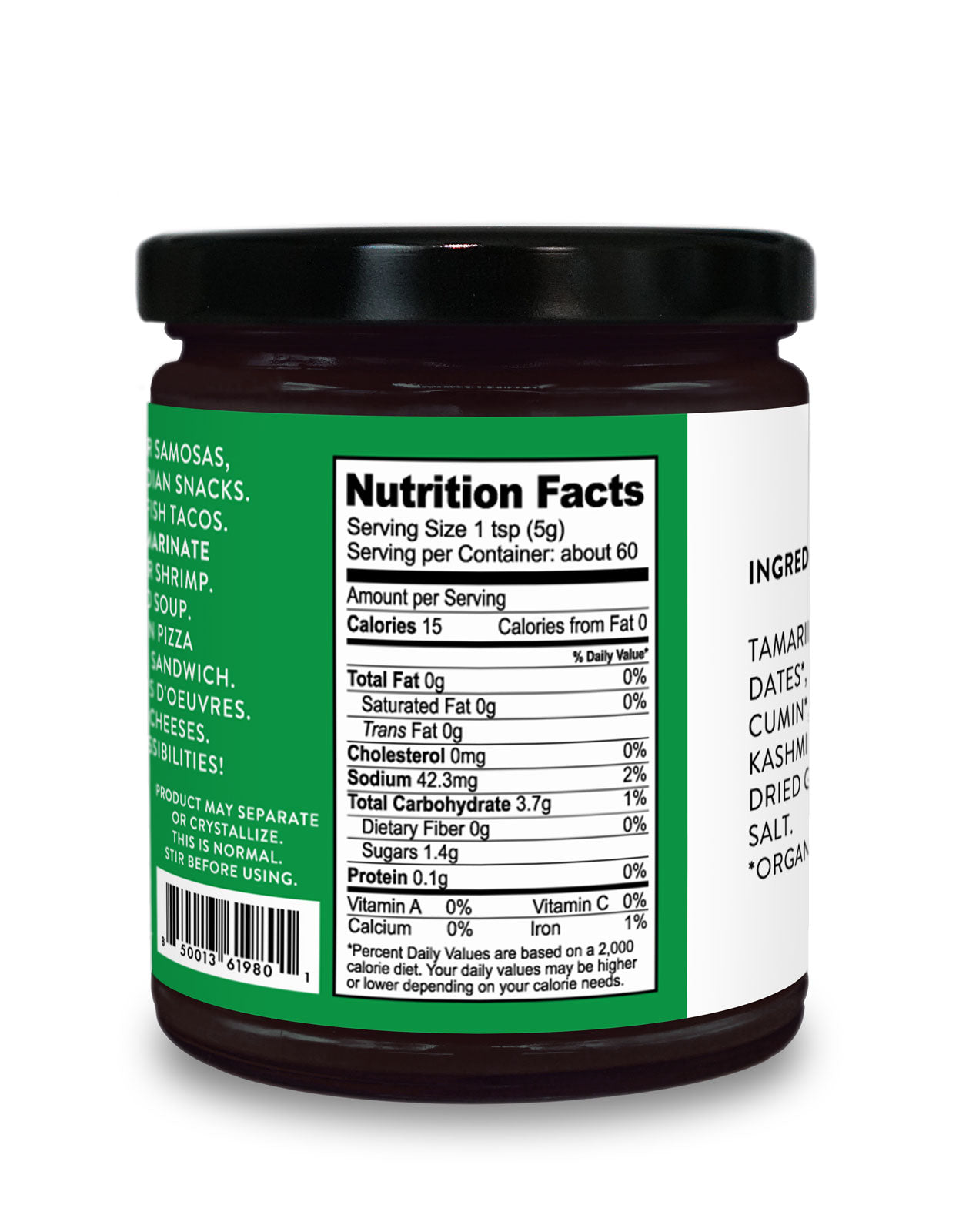 Nutrition facts Label on a jar of A Date With Tamarind, a sweet tamarind chutney from Pure Indian Foods.