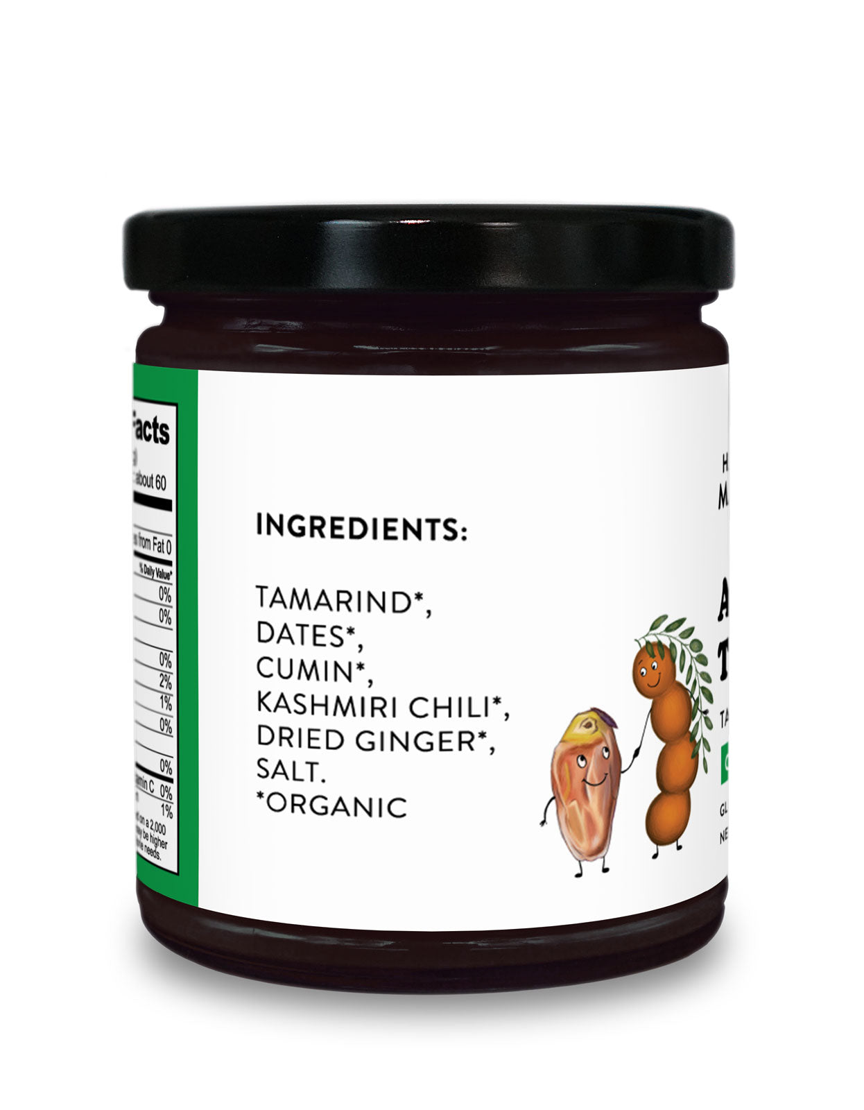 Ingredients label on a jar of A Date with Tamarind from Pure Indian Foods. The six ingredients listed are organic tamarind, organic dates, organic Cumin, organic Kashmiri chili, organic dried ginger, and salt.