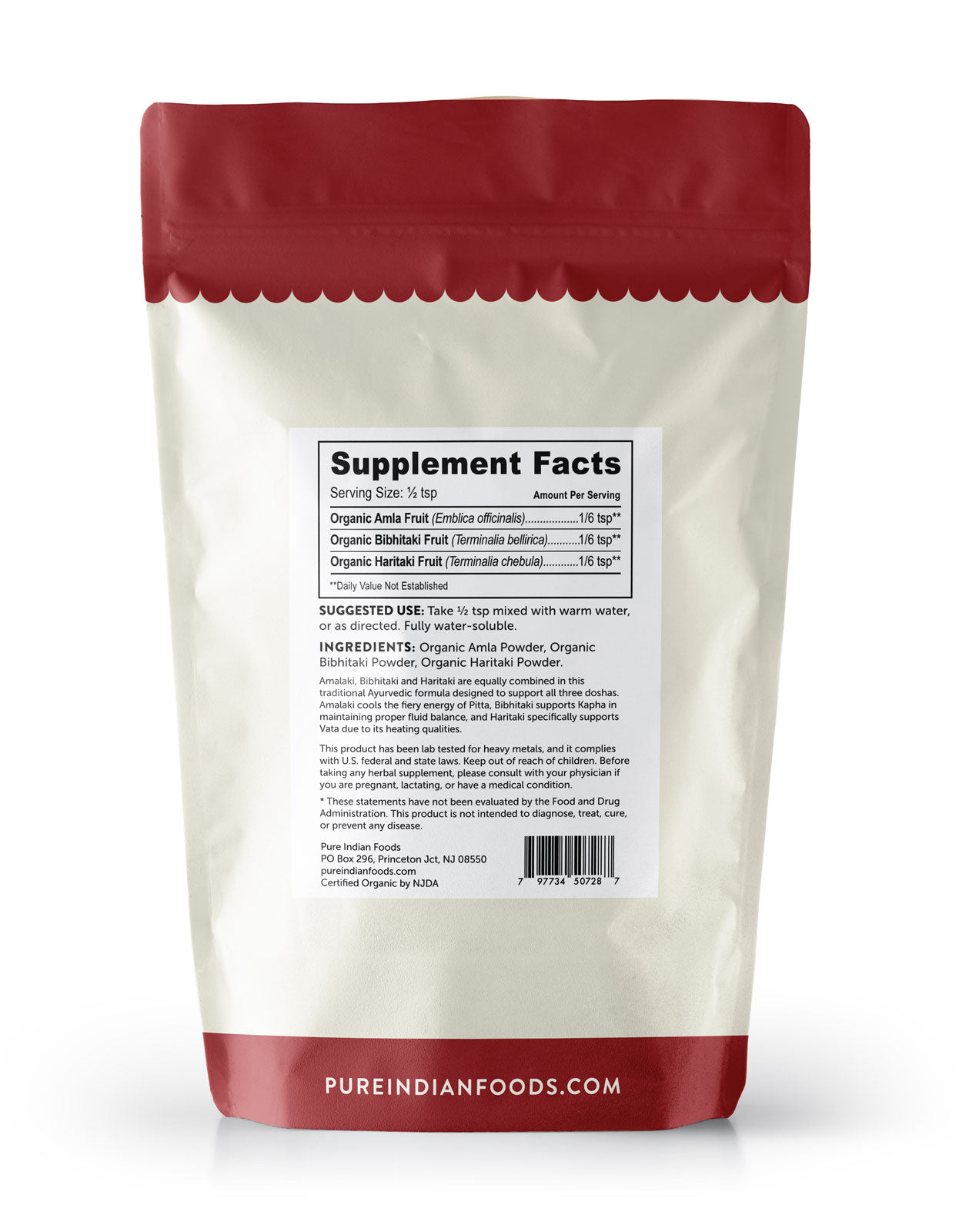 Supplement Facts label on a bag of Pure Indian Foods Organic Triphala Powder