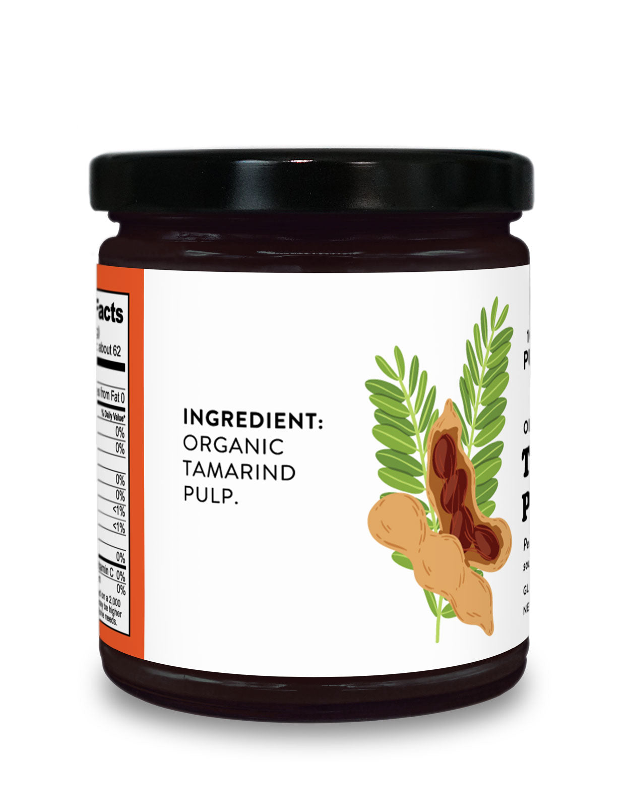 Ingredients label on a jar of Organic Tamarind Concentrate from Pure Indian Foods showing the only ingredient is organic tamarind pulp