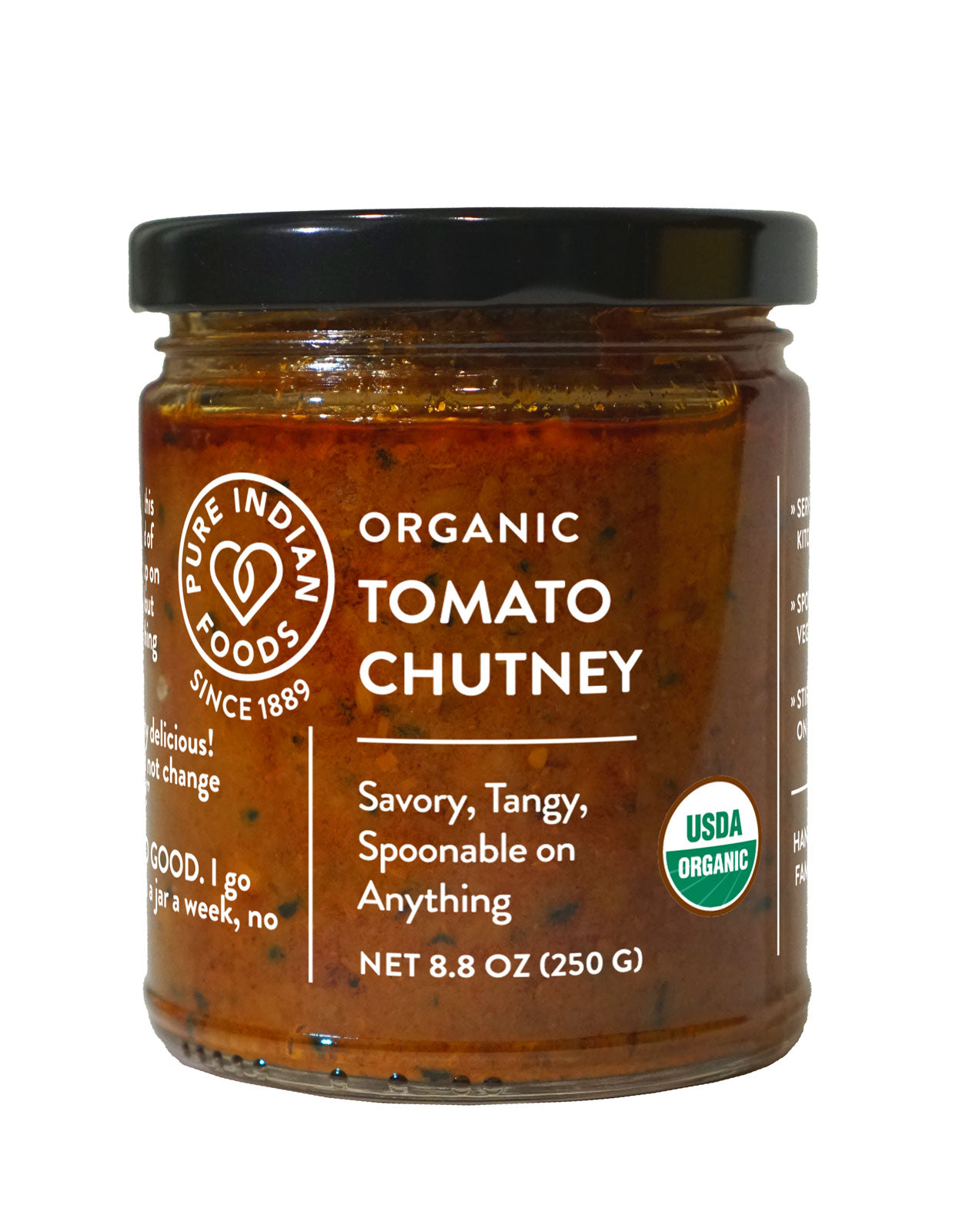 Jar of Organic Tomato Chutney by Pure Indian Foods on a white background