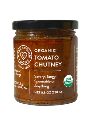 Jar of Organic Tomato Chutney by Pure Indian Foods on a white background