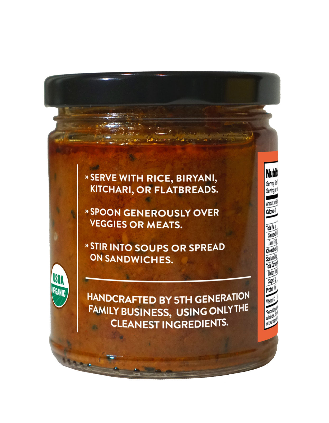 Serving suggestions on the side of jar of Organic Tomato Chutney from Pure Indian Foods
