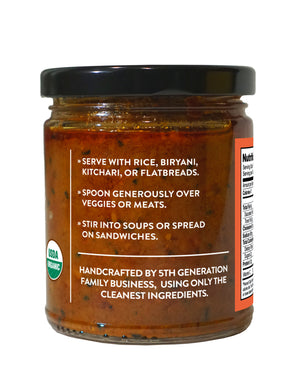 Serving suggestions on the side of jar of Organic Tomato Chutney from Pure Indian Foods
