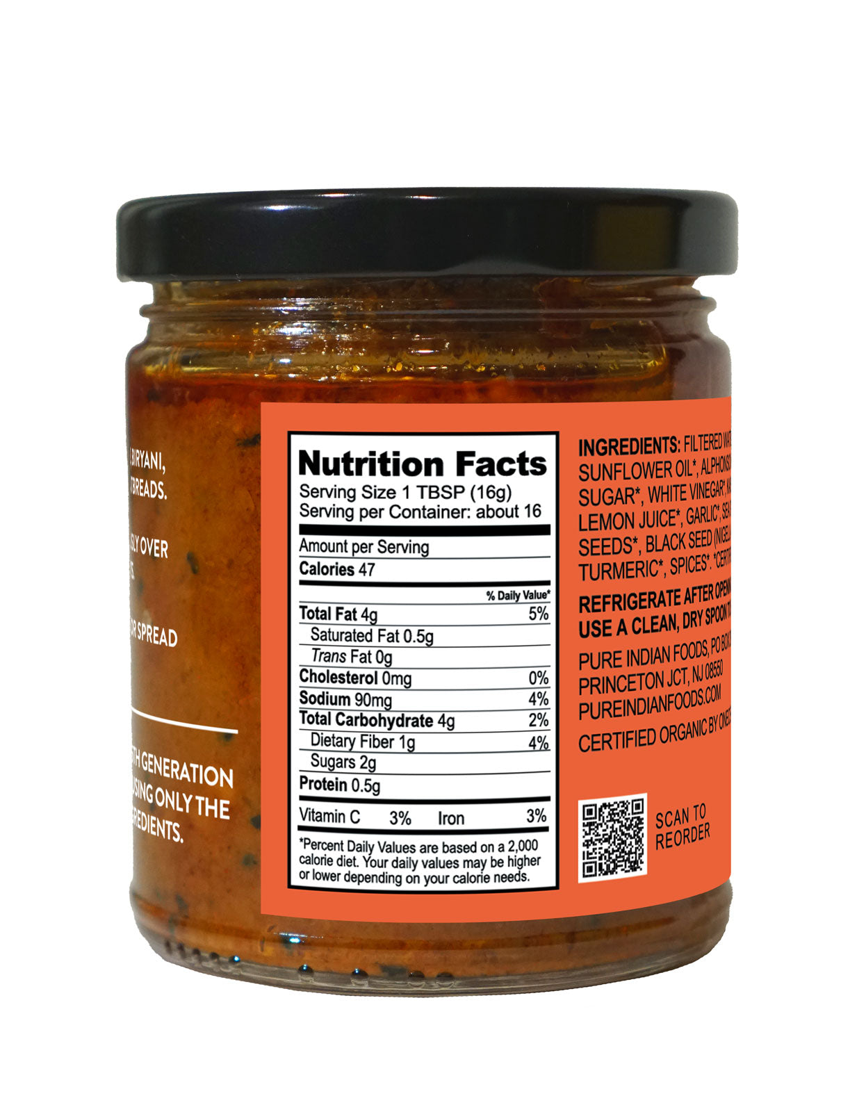 Nutrition facts label on a jar of Indian tomato chutney from Pure Indian Foods