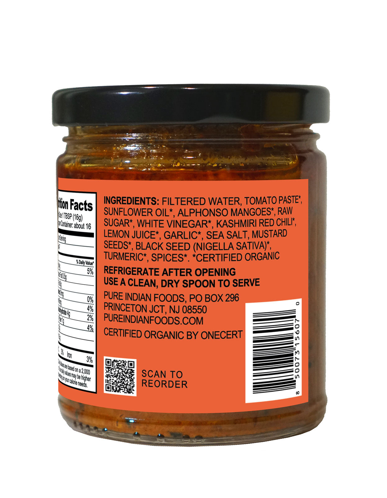 Ingredients label on a jar of tomato chutney from Pure Indian Foods