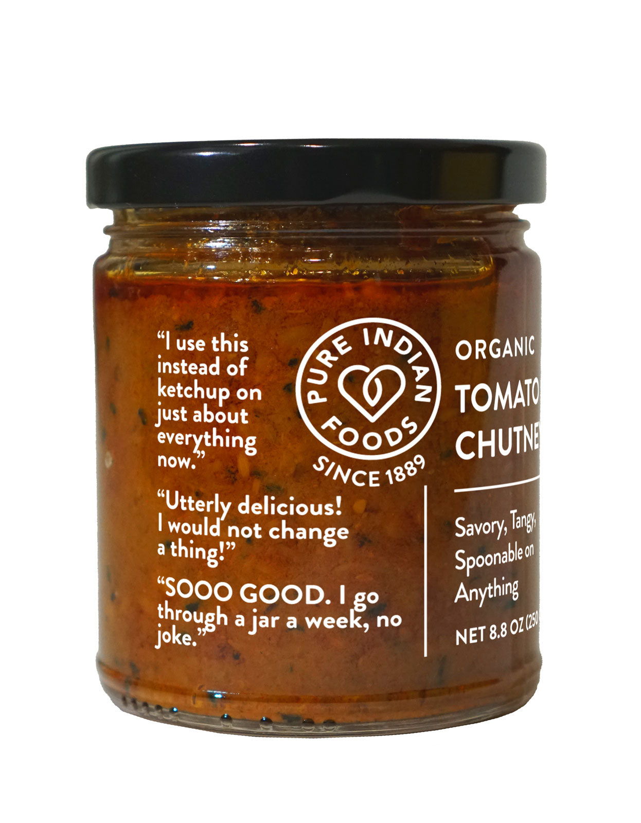 Side label with reviews on a jar of tomato chutney