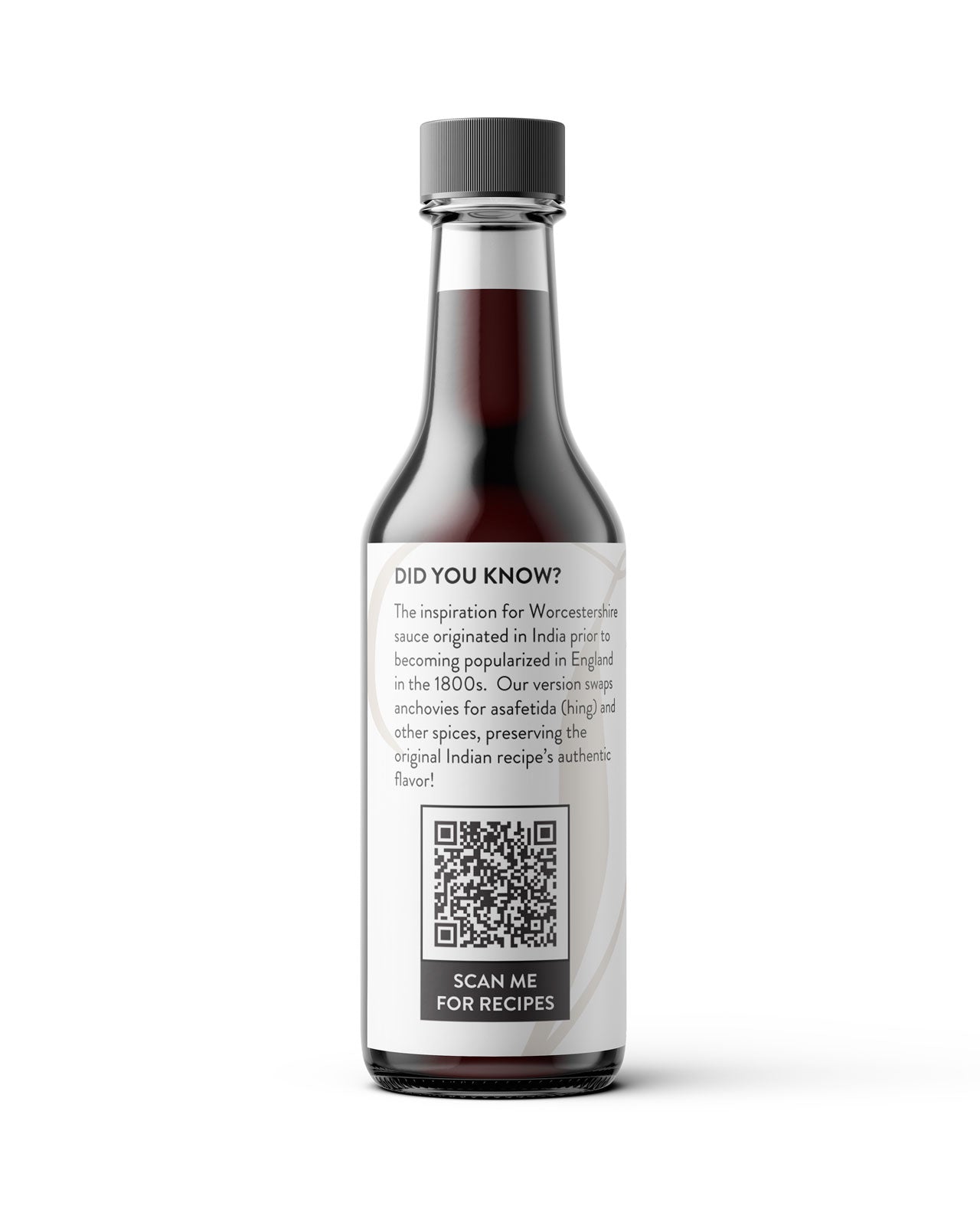 A bottle of Hing Recipe Vegan Worcestershire sauce with a dark label and a gray cap, shown on a clean white background with a soft shadow.