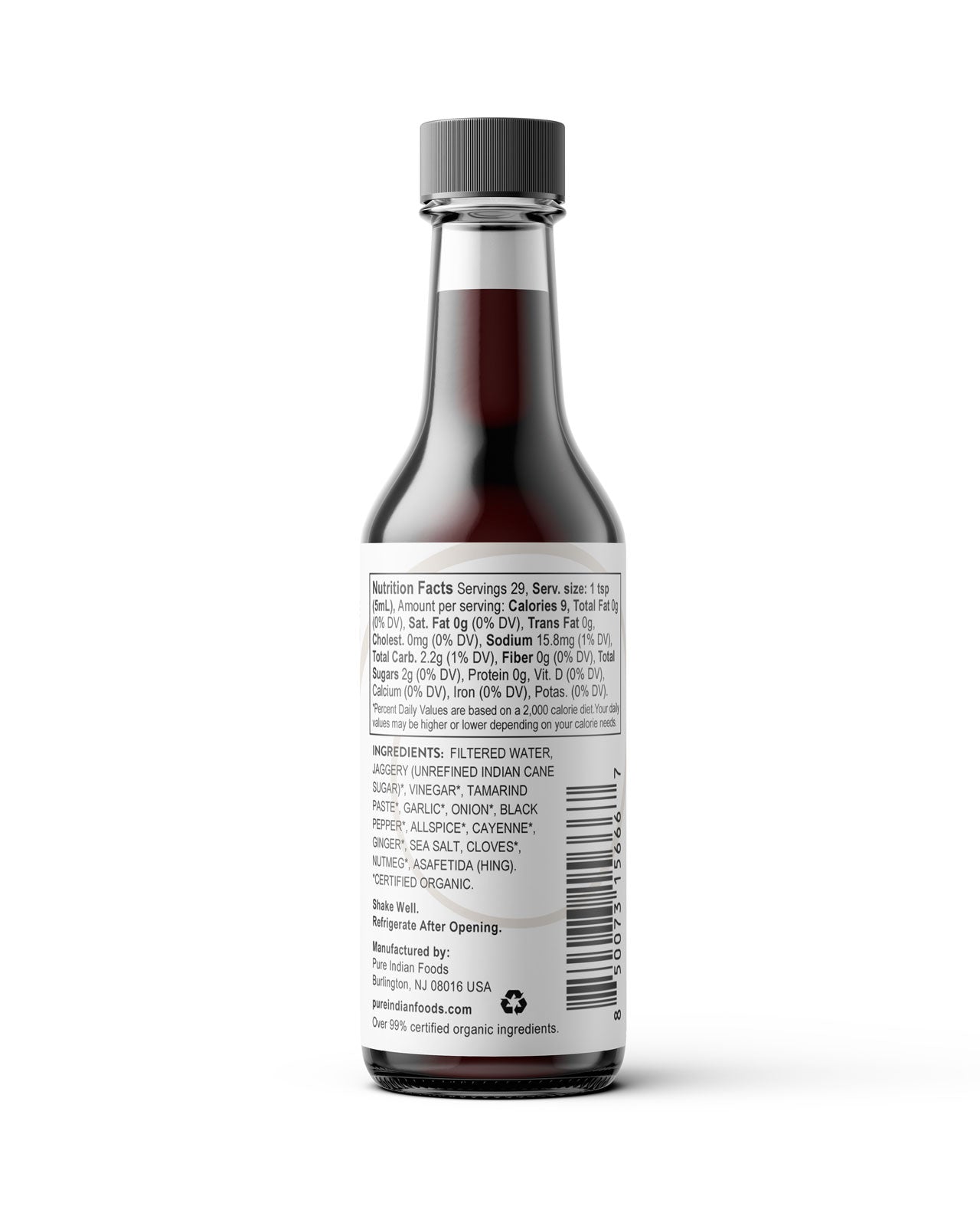 A dark glass bottle of Hing Recipe Vegan Worcestershire sauce shown from the back, featuring a white nutrition facts label and a black cap, set against a plain white background.
