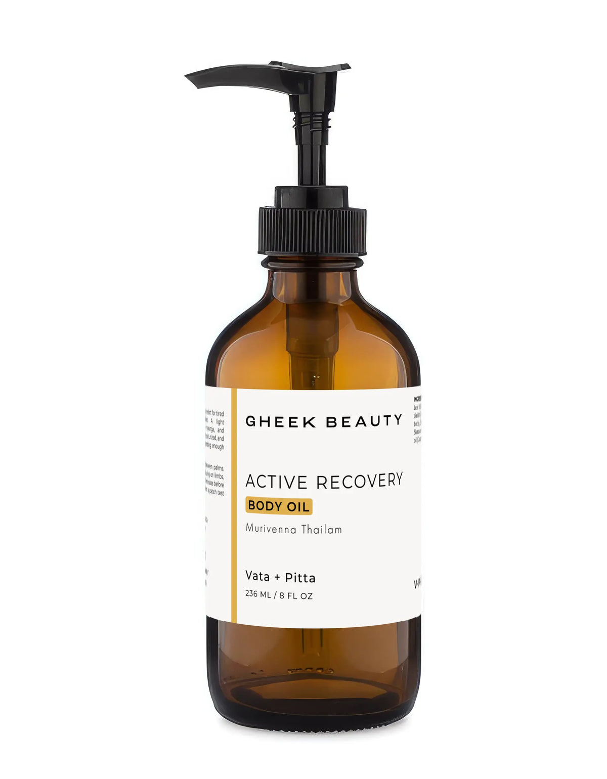 An amber glass pump bottle of Gheek Beauty Active Recovery Body Oil with a black pump and a white label, shown on a plain white background.