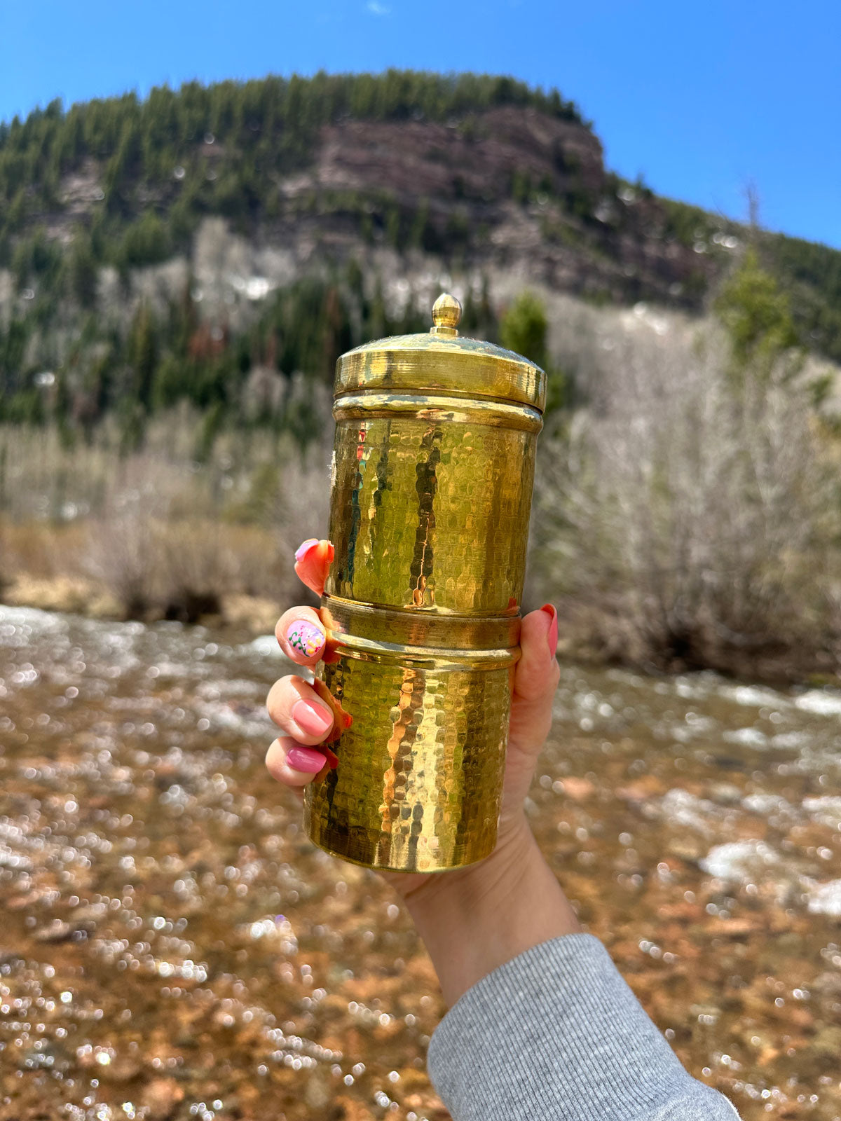 An ideal travel coffee maker, our brass Indian filter coffee maker from Pure Indian Foods is portable, hand held, and makes great coffee on the go.