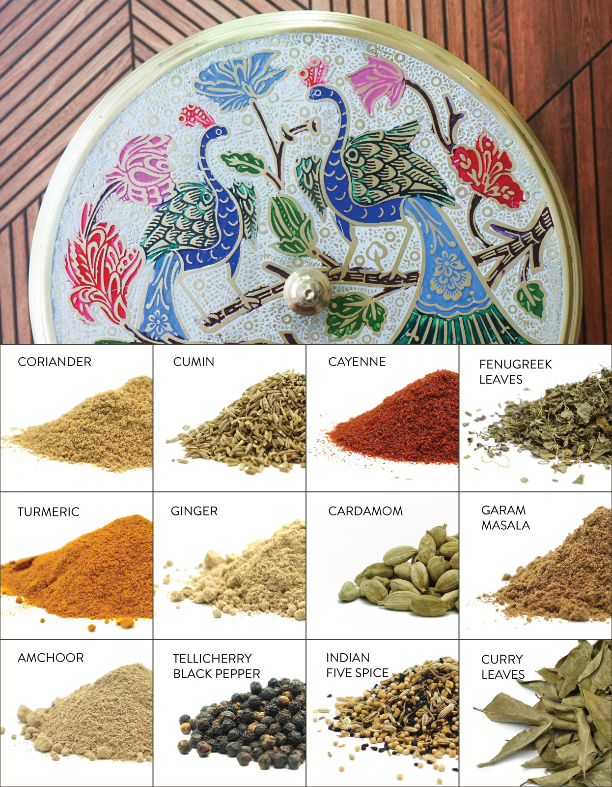 Sacred Peacock Indian Spice Box and 12 spice Indian Spice Set made up of all organic spices. 