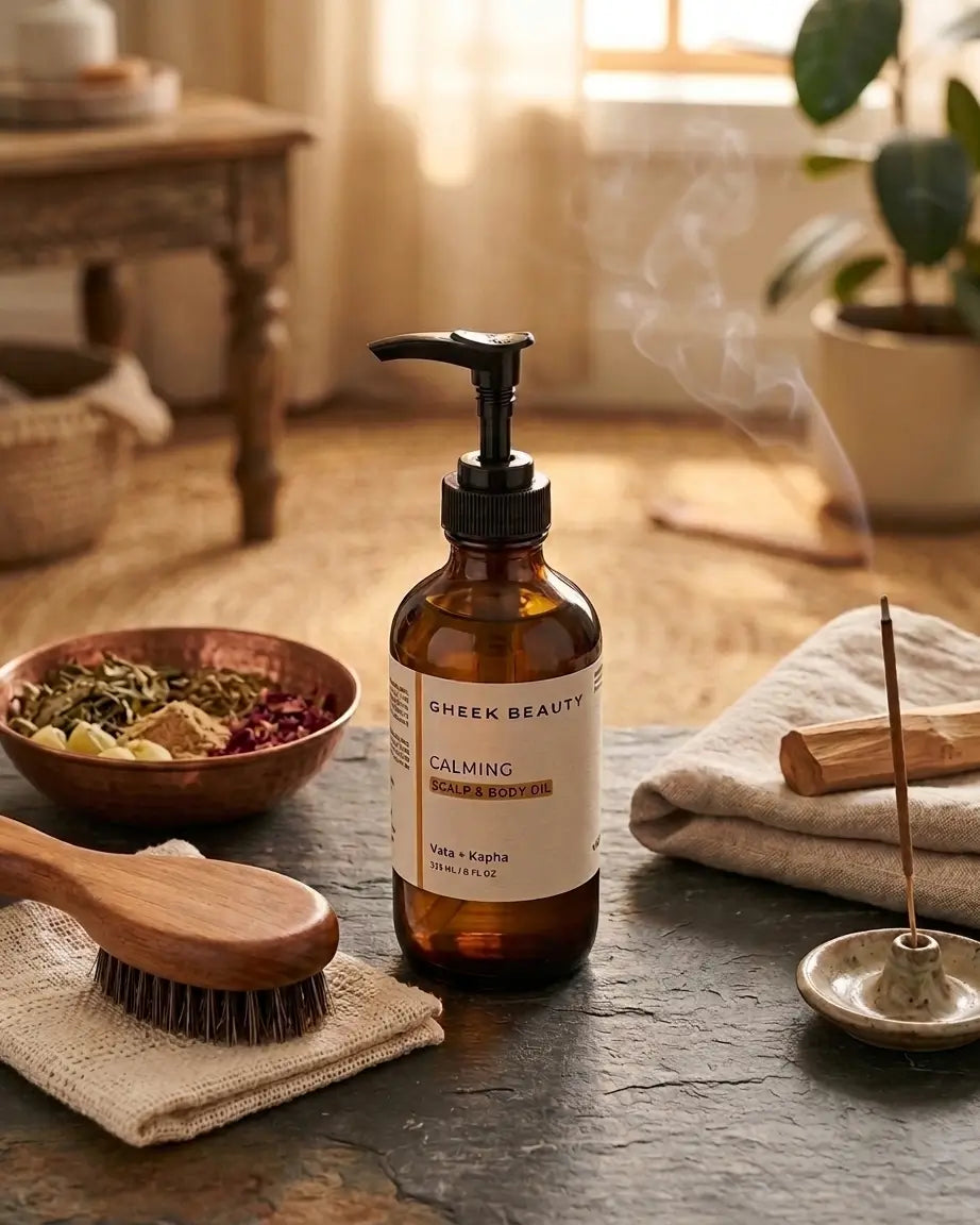 An amber glass pump bottle labeled 'GREEK BEAUTY CALMING SCALP & BODY OIL' sits on a stone surface in a warm, rustic bathroom or spa setting with a wooden brush, incense holder, and steam in the background.