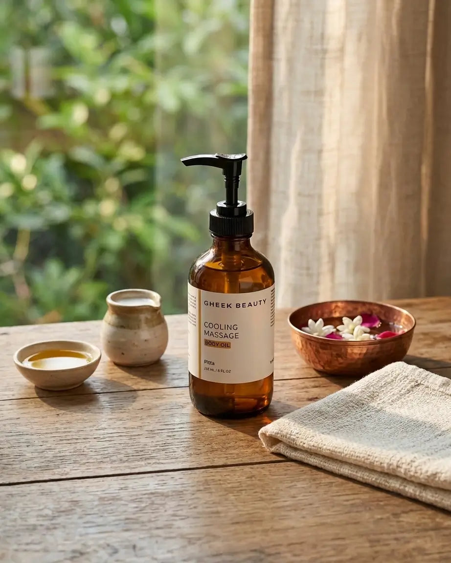 A bottle of Gheek Beauty Cooling Massage oil with a black pump, set on a rustic wooden table with a beige cloth, small bowls, and a copper dish with flowers, with a soft-focus background of green foliage and a curtain.