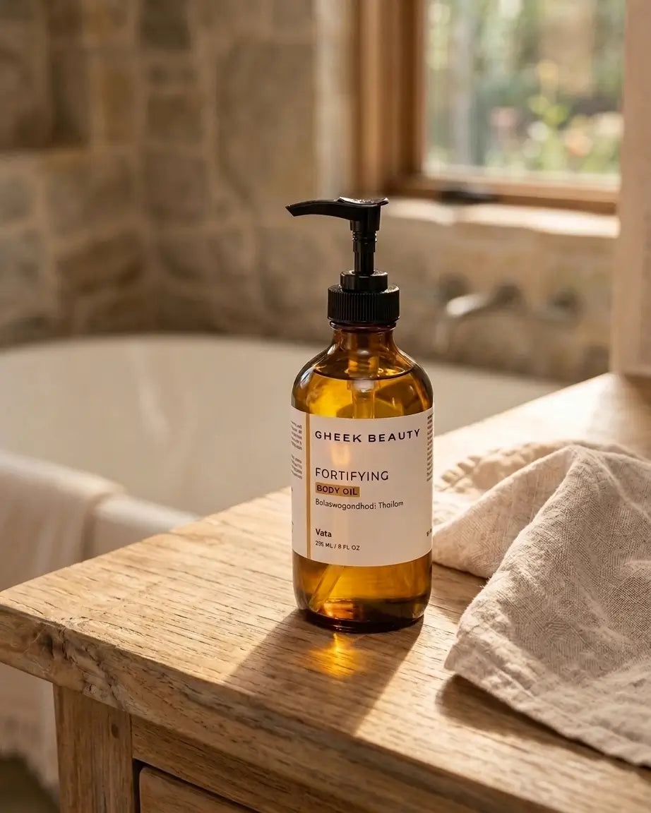 An amber glass pump bottle of Gheek Beauty Fortifying Face Wash sits on a rustic wooden bathroom counter next to a folded towel, with a blurred stone-tiled bathroom background.