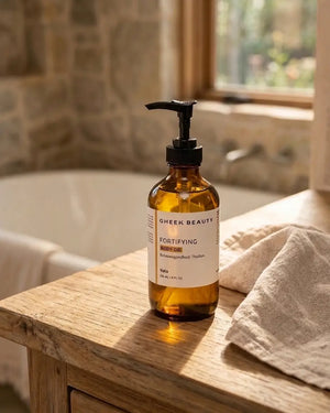 An amber glass pump bottle of Gheek Beauty Fortifying Face Wash sits on a rustic wooden bathroom counter next to a folded towel, with a blurred stone-tiled bathroom background.