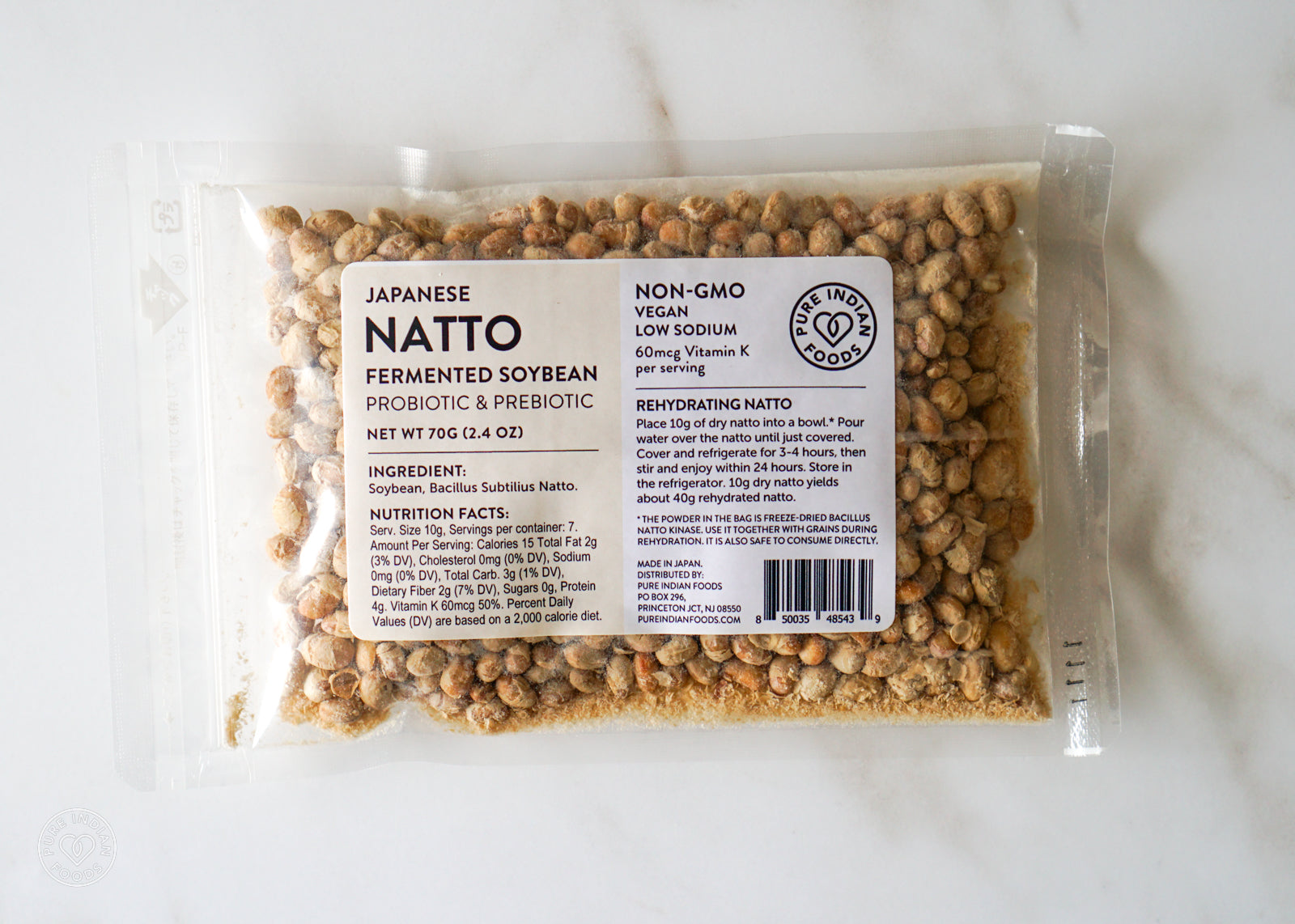 A bag of Pure Indian Foods freeze-dried Japanese natto beans. Label says it's non-gmo natto soybeans, vegan, and low-sodium