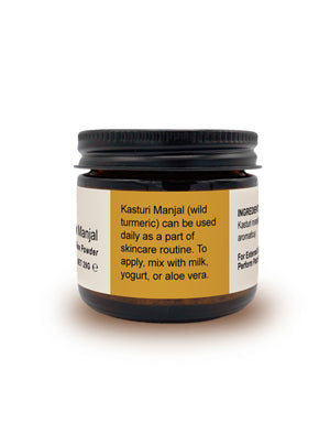 side label reads: kasturi manual (wild turmeric) can be used Daily as part of skincare routine. to apply, mix with milkm yogurt, or aloe vera