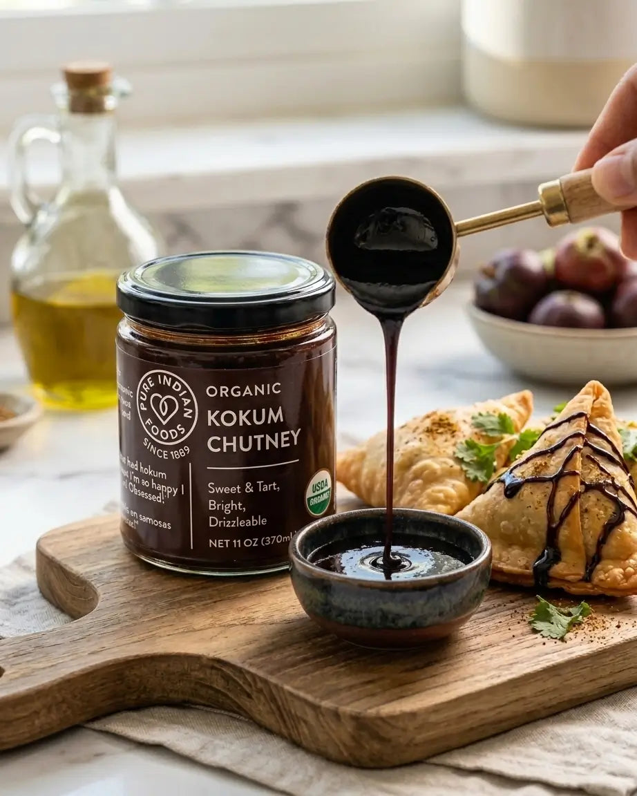 An image of a spoonful of kokum chutney being drizzled into a small bowl and over some samosas featuring a jar of Pure Indian Foods Organic Kokum Chutney in the foreground