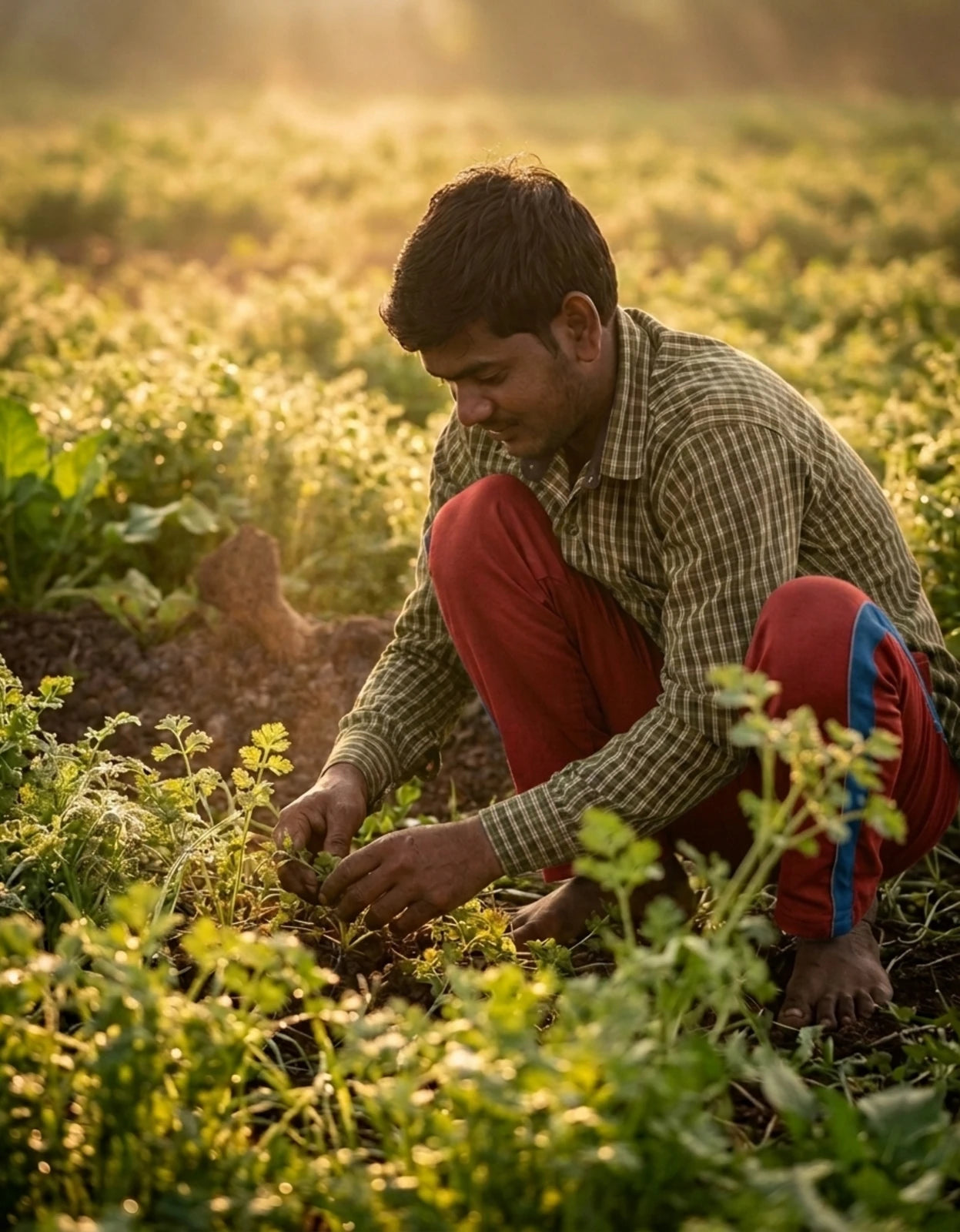 A man crouches in a sunlit coriander farm field, wearing a green-and-brown plaid shirt and red pants while tending crops.