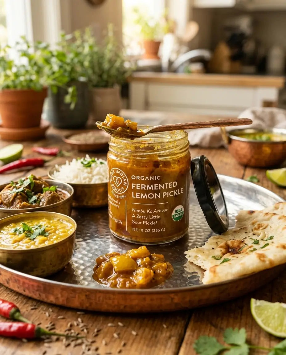 An open jar of Organic Fermented Lemon Pickle next to daal, rice, curry, and naan.