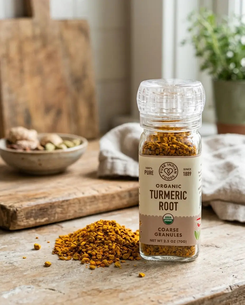 A grinder top bottle of organic coarse granules of turmeric on a wooden counter