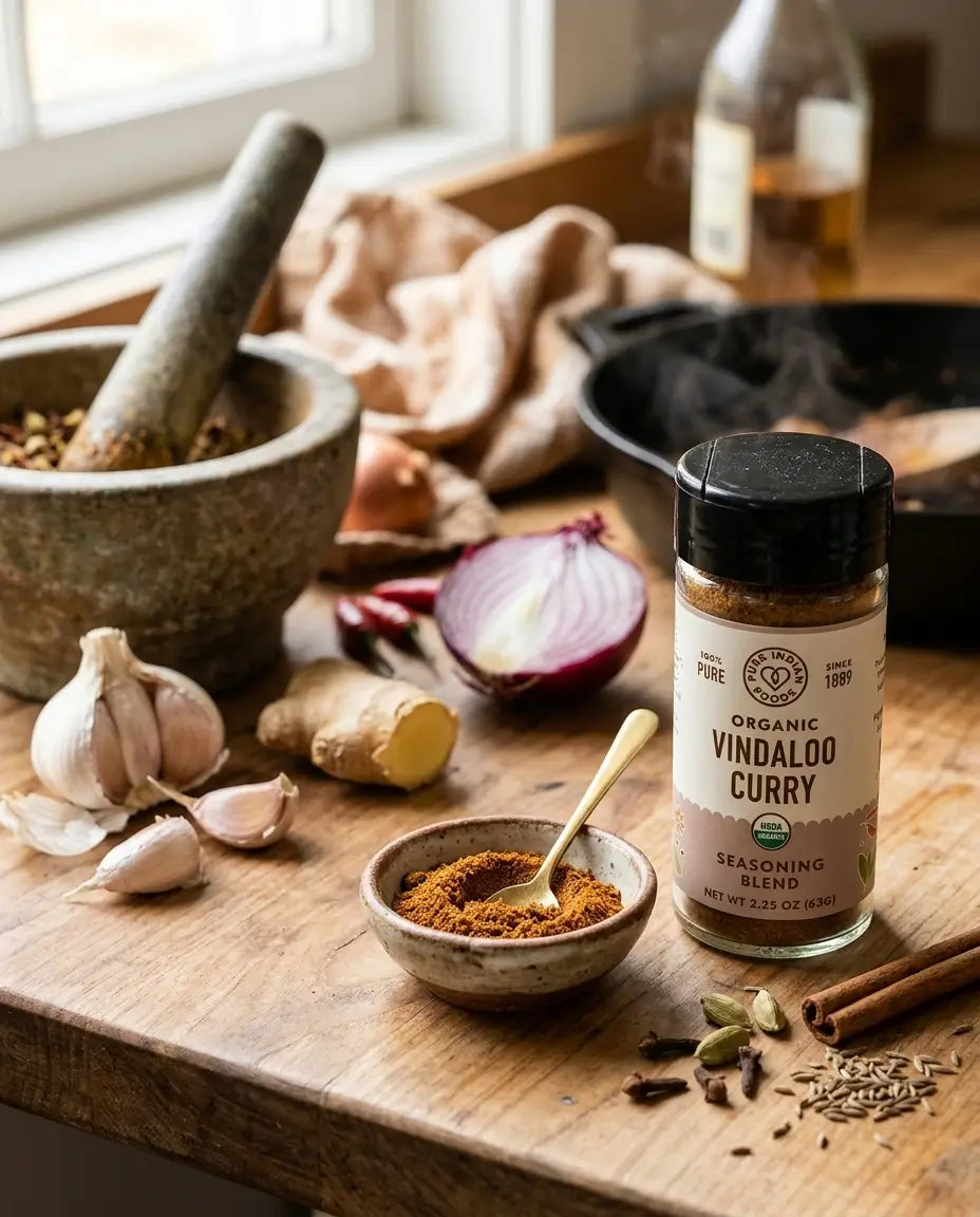 A bottle of Pure Indian Foods Organic Vindaloo Curry Seasoning Blend on a wooden counter surrounded by onions, ginger, garlic, and herbs