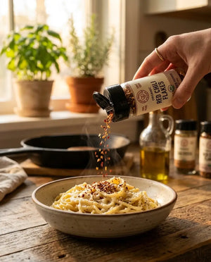 A bowl of pasta being sprinkled with organic red chili pepper flakes