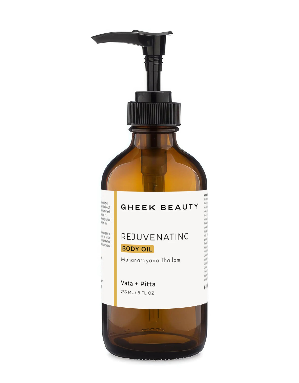 An amber glass pump bottle of Gheek Beauty Rejuvinating Body Oil with a black pump and a white label, shown on a plain white background.