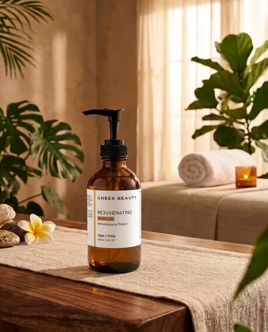 An amber glass pump bottle labeled GHEEK BEAUTY Rejuvinating Cleanser sits on a wooden table in a spa-like setting with plants, a towel, and warm ambient lighting.